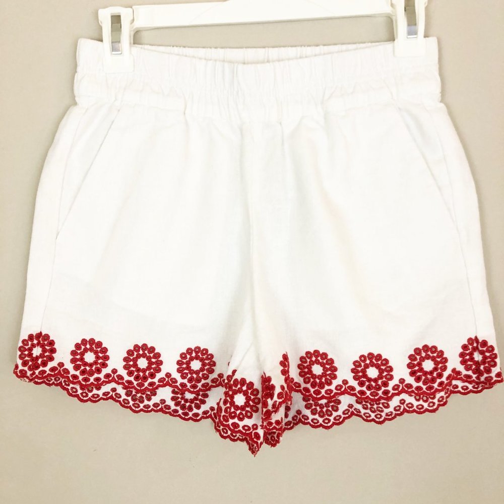 White J Crew shorts with red trim, size XXS